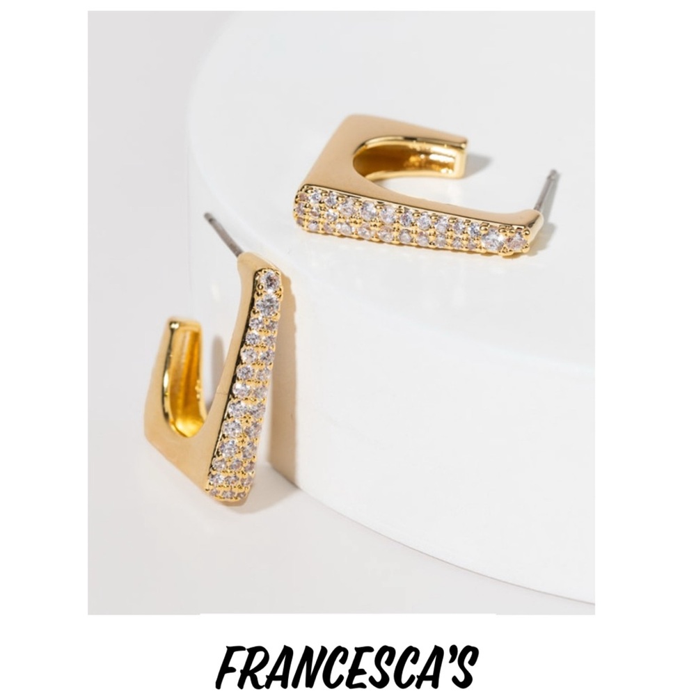New Francesca’s Fern Crystal And Gold Pave Front Square Hoop Earrings